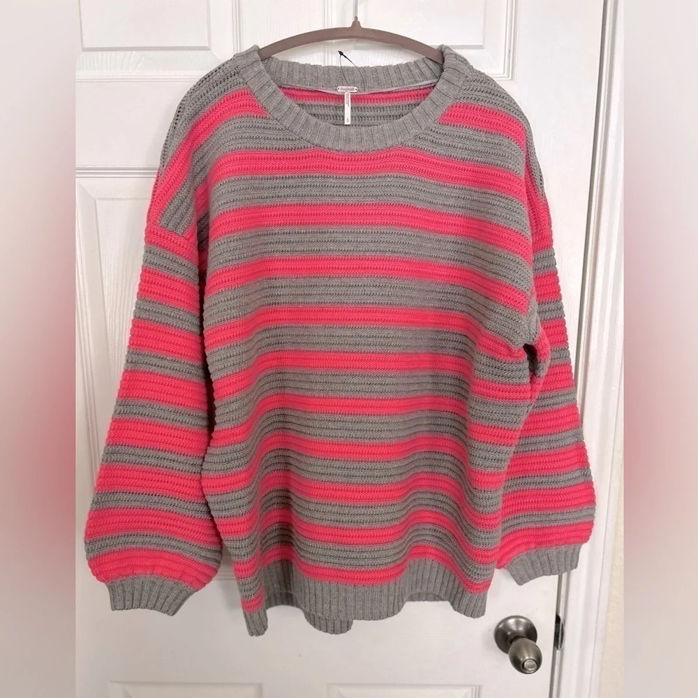 NWOT Free People, Links Pullover, Pink/Gray Stripes